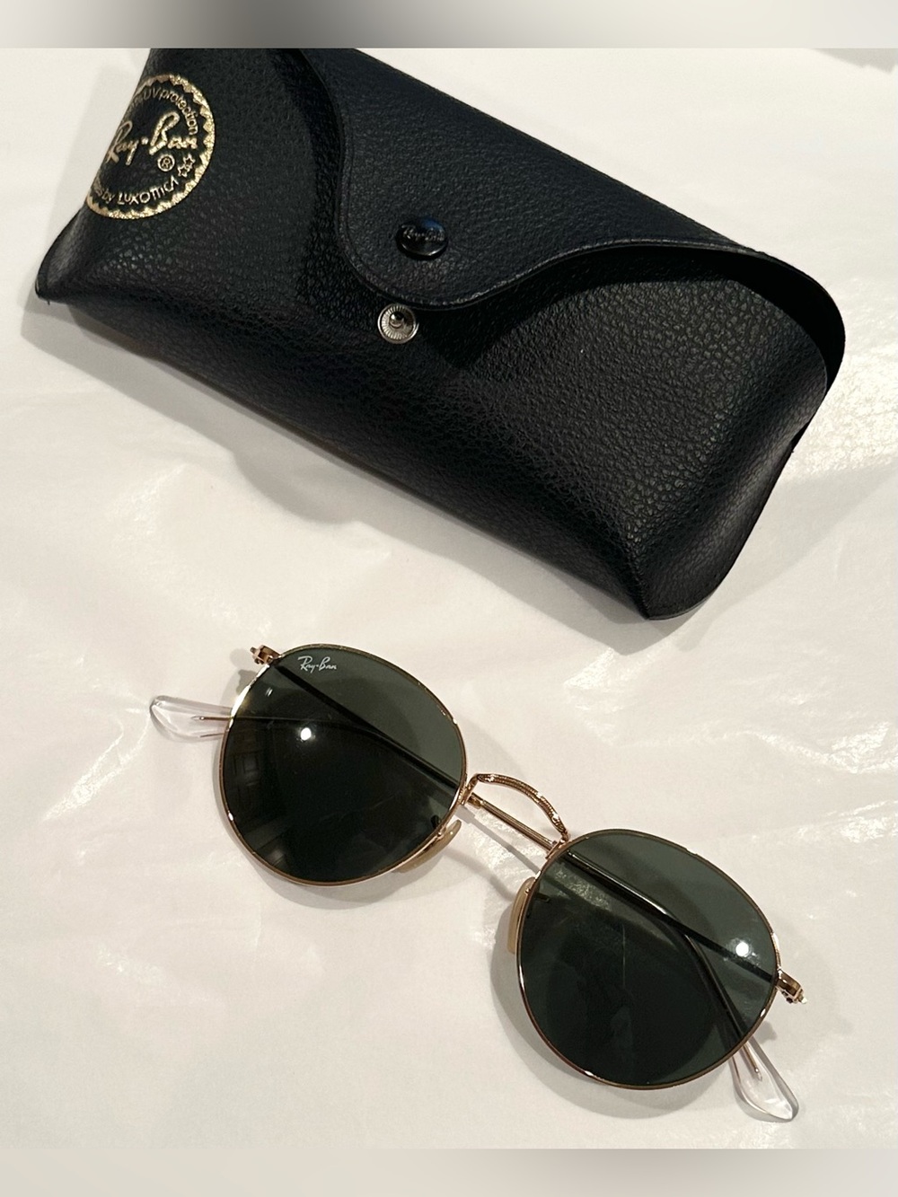 Ray-Ban RB3447 Round Metal 001 Gold Green Sunglasses 50mm + Case
